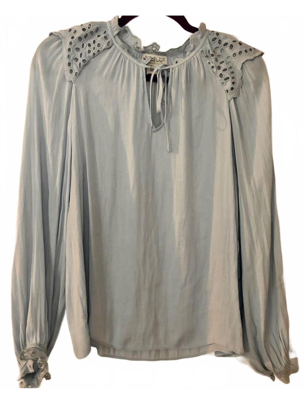 Rachel Zoe Light Blue Eyelet Detail Long Sleeve Blouse, Size M